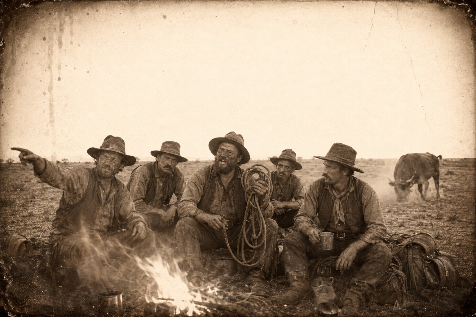 Bert Borum brags on his rope at the camp fire and Needle Nelson tells him to go rope the Texas bull, which is standing off pawing the earth.