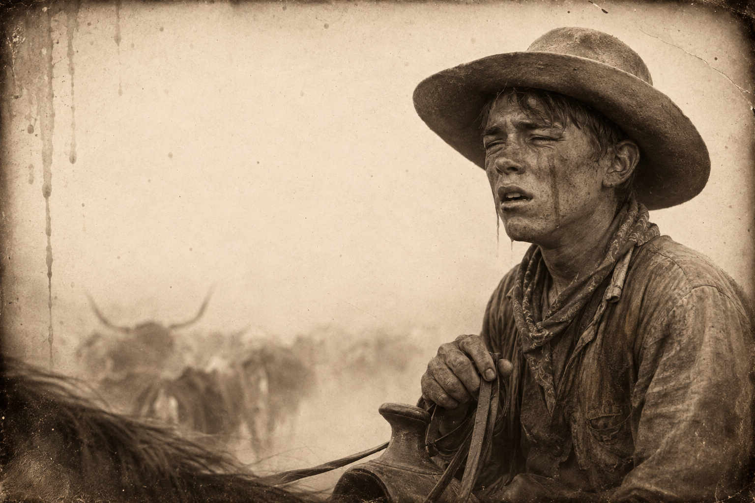 Newt, refusing to ride to the wagon for the details, cries all afternoon as far back on the drags as he can get, grateful for the dust.