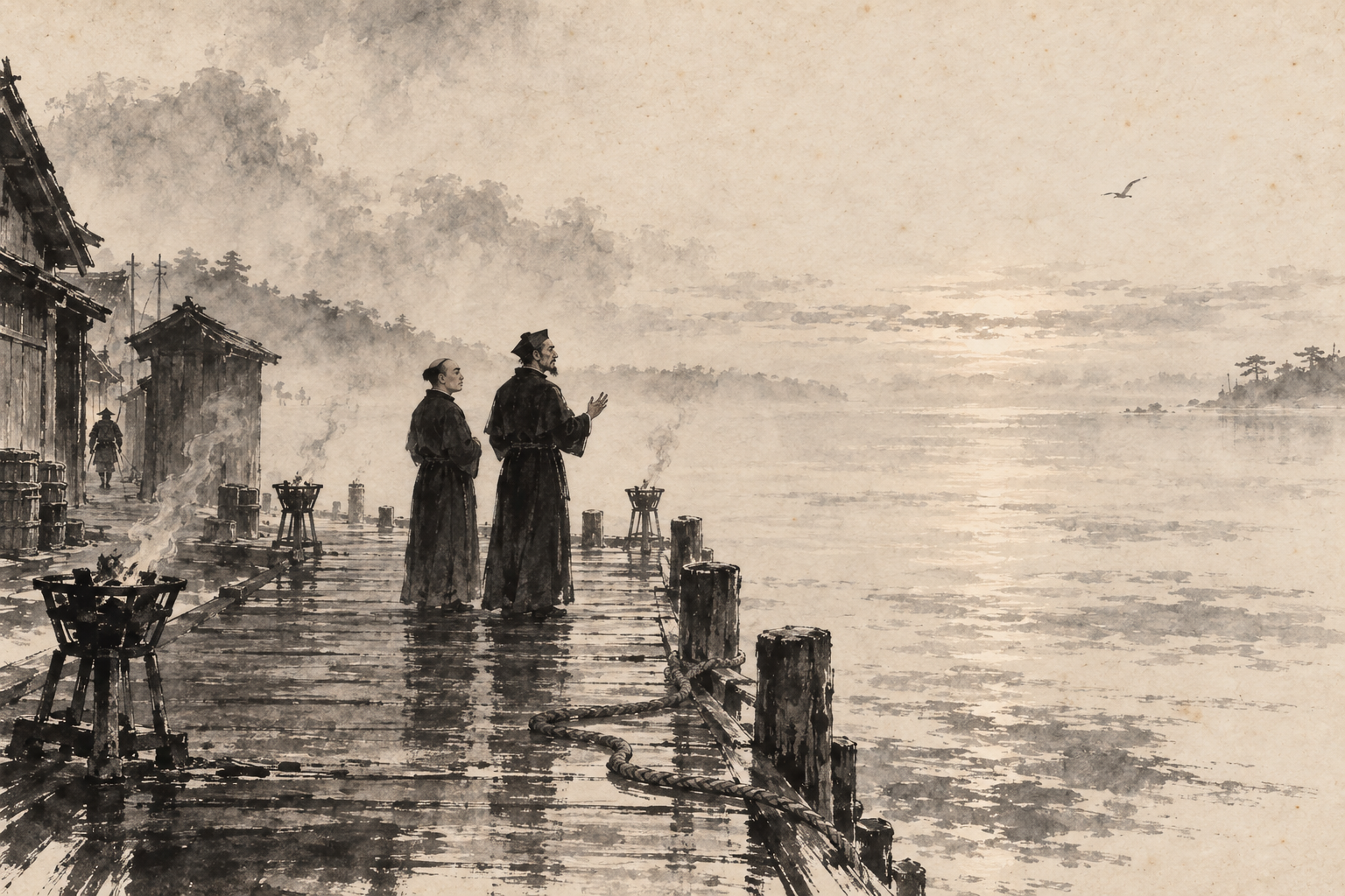 Two Jesuits on the empty wharf
