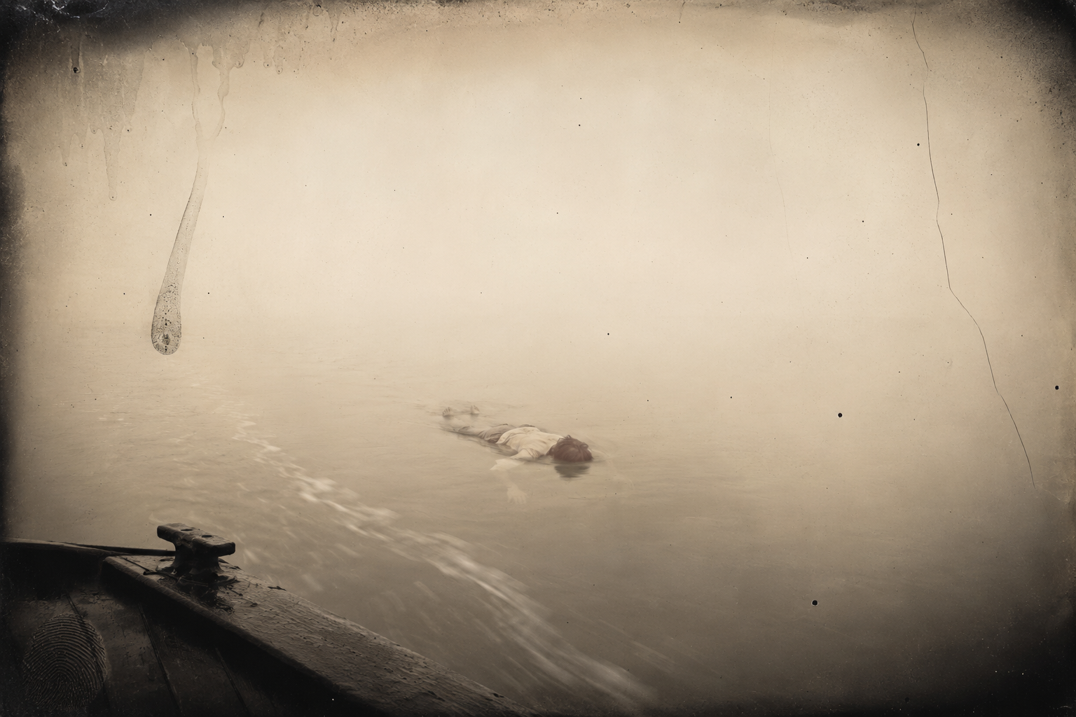 The stripped body thrown overboard, floating face down and bumping the boat before the mist takes it.