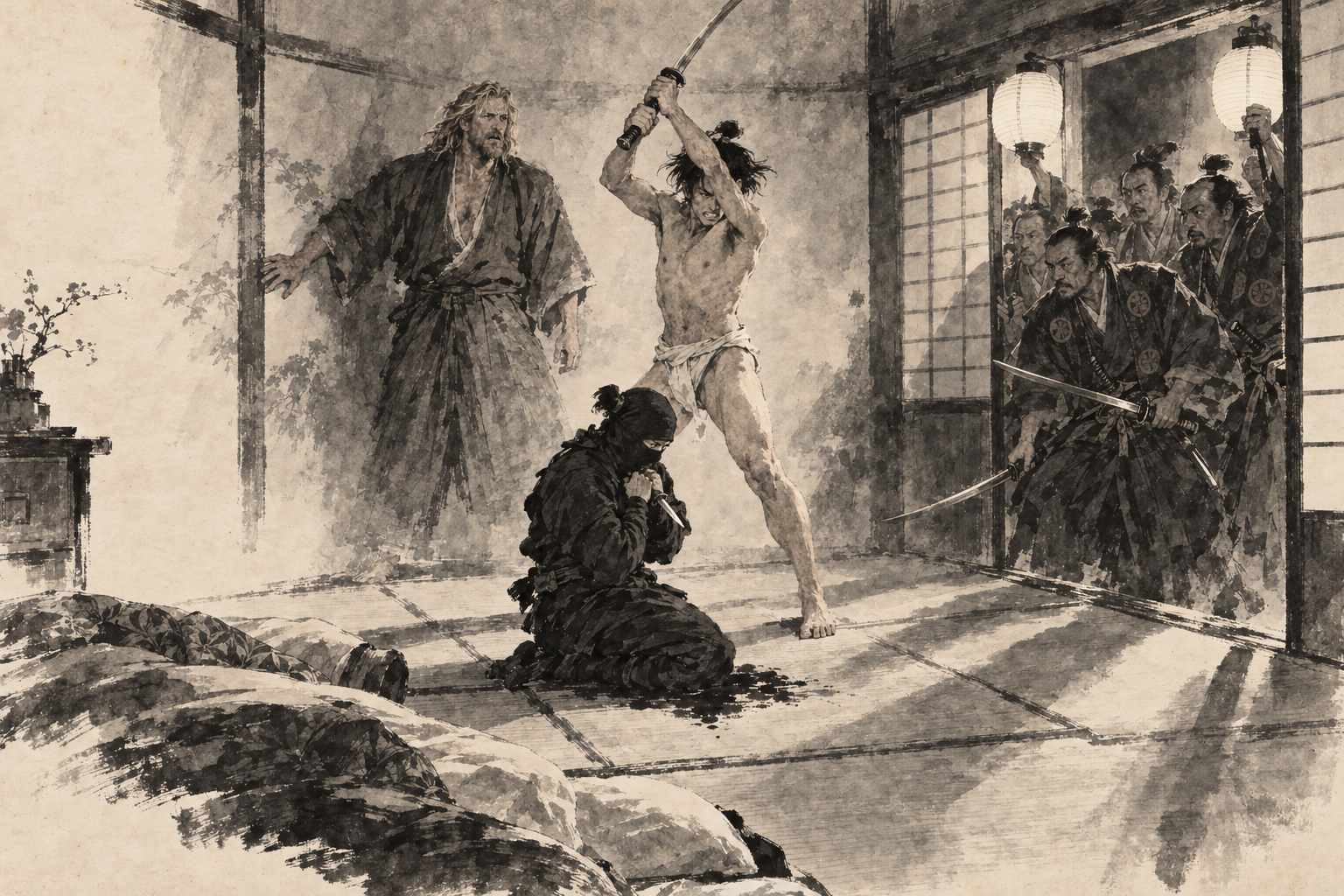 Naga's sword raised over the assassin