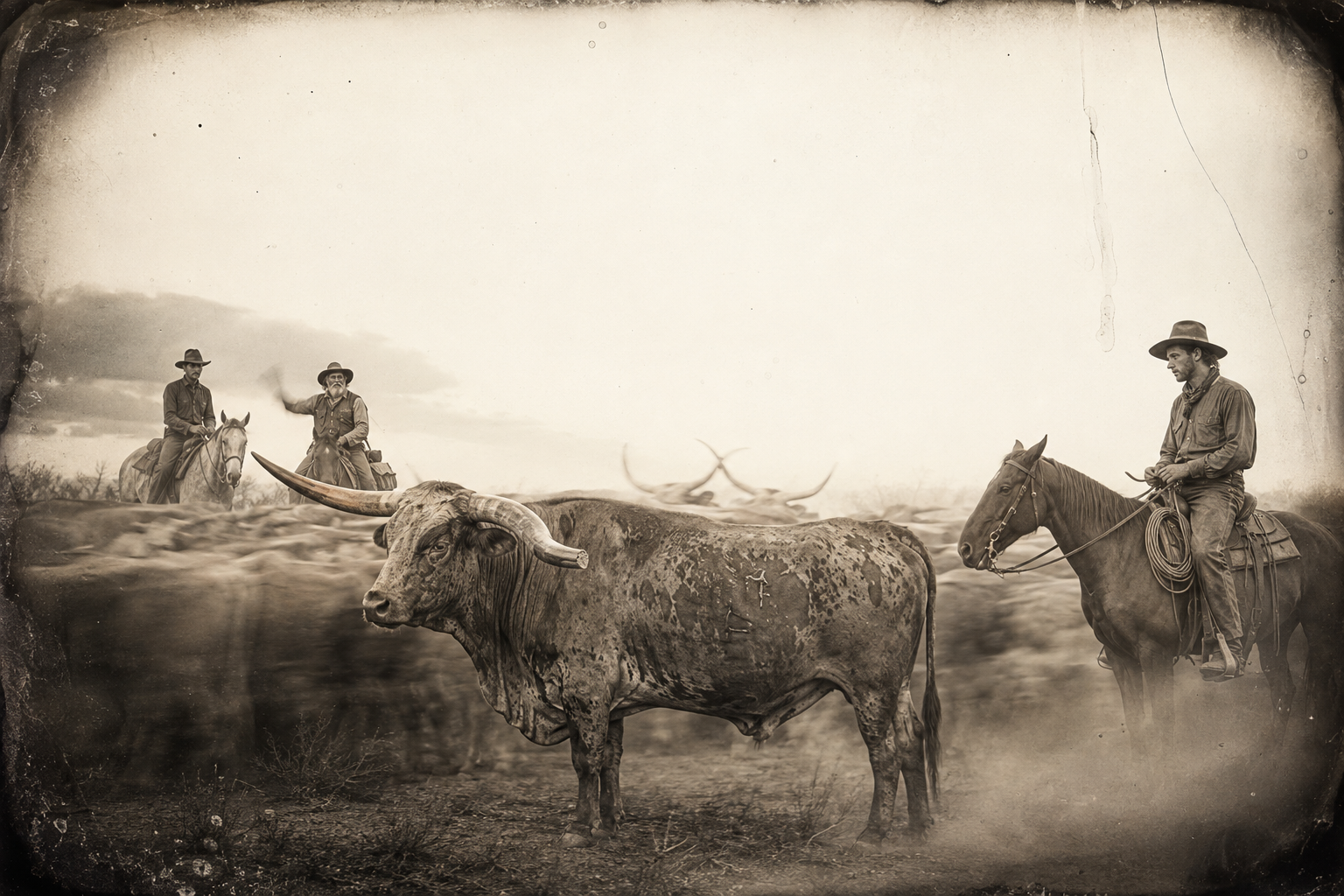 Dish Boggett eases Old Dog, the lead steer Call bought from the Pumphreys, to the front of the herd while Augustus tells Call the old steer is mature, like him.
