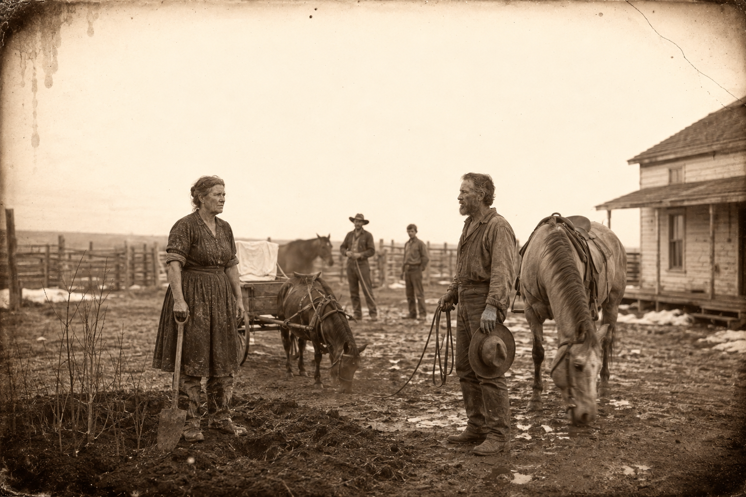 Call reins in at Clara's and is met by scorn — she is out planting shrubs, bareheaded and in overshoes, and starts the quarrel before he has finished dismounting.