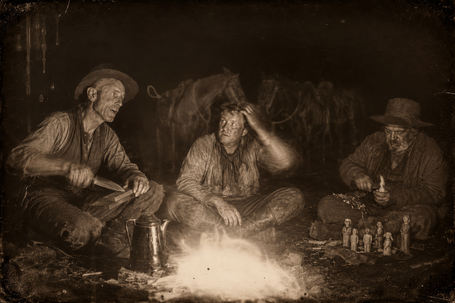 Night camp on the plain — Pea Eye sharpening his knife and talking of scalped settlers while the Irishman tugs at his own hair, and Po Campo sits apart whittling one of his little women.