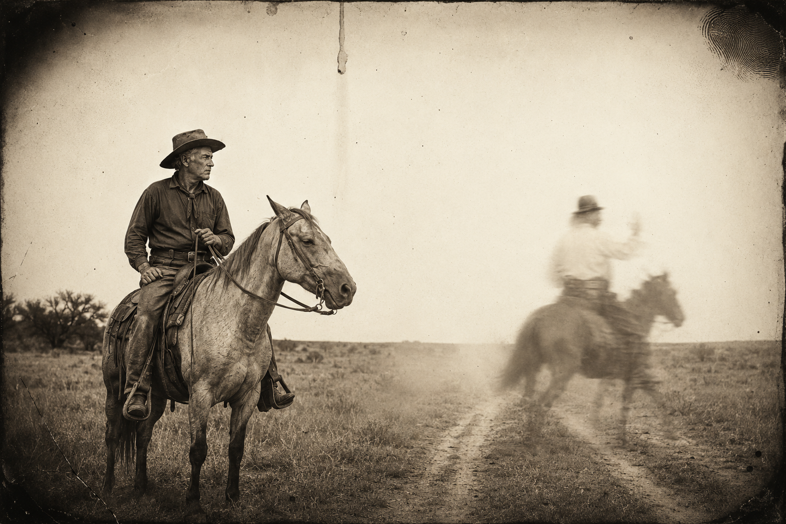 On the wagon trail to Austin, Augustus suddenly swings his horse north — "I just remembered something" — and lopes off without another word.