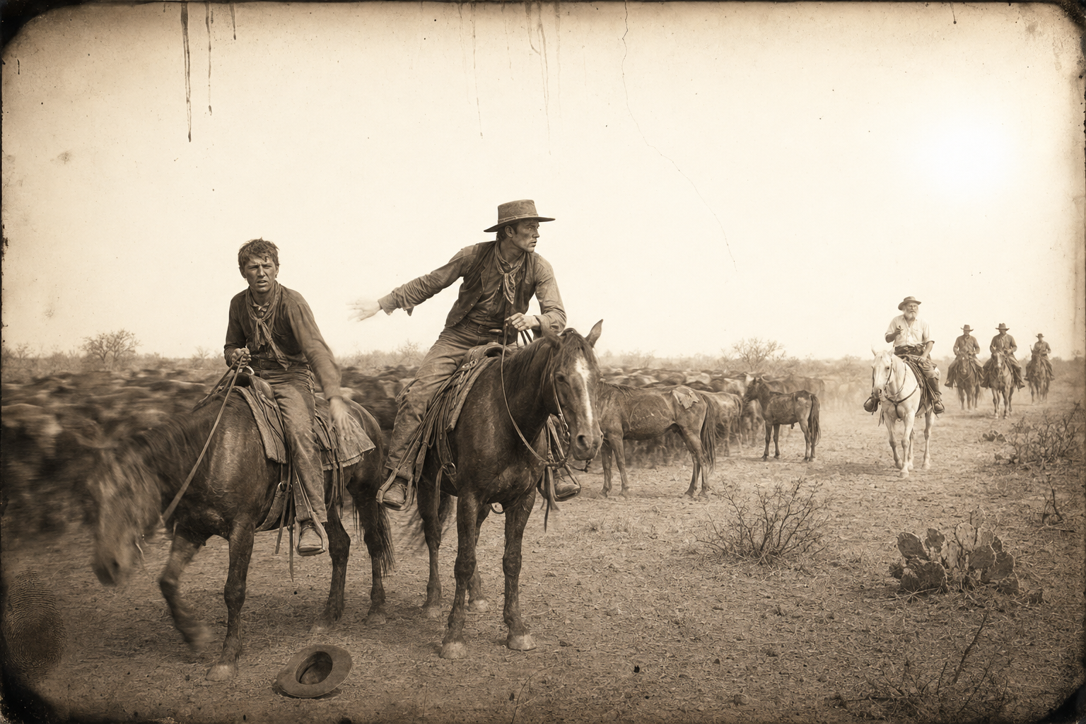At the horse herd Dish rides over and pokes Newt awake to show him the armed Irishmen coming; Newt's hat falls off and his legs feel like lead.
