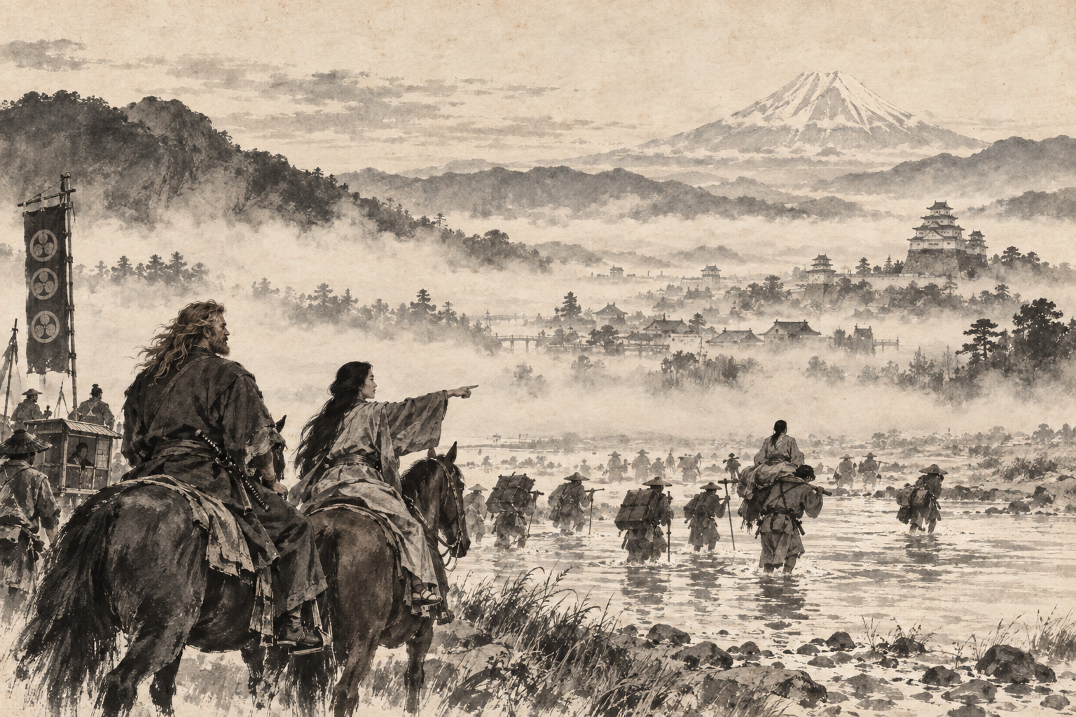 Mishima through the mist, Fuji beyond
