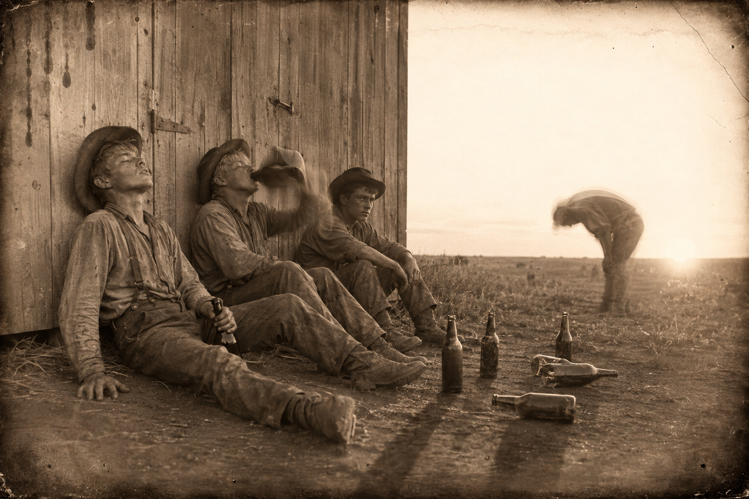 Behind the livery stable with the beer and the quart of whiskey Lippy bought them, the four boys drink against the wall while the sun hangs red over the prairie and Jimmy Rainey vomits.