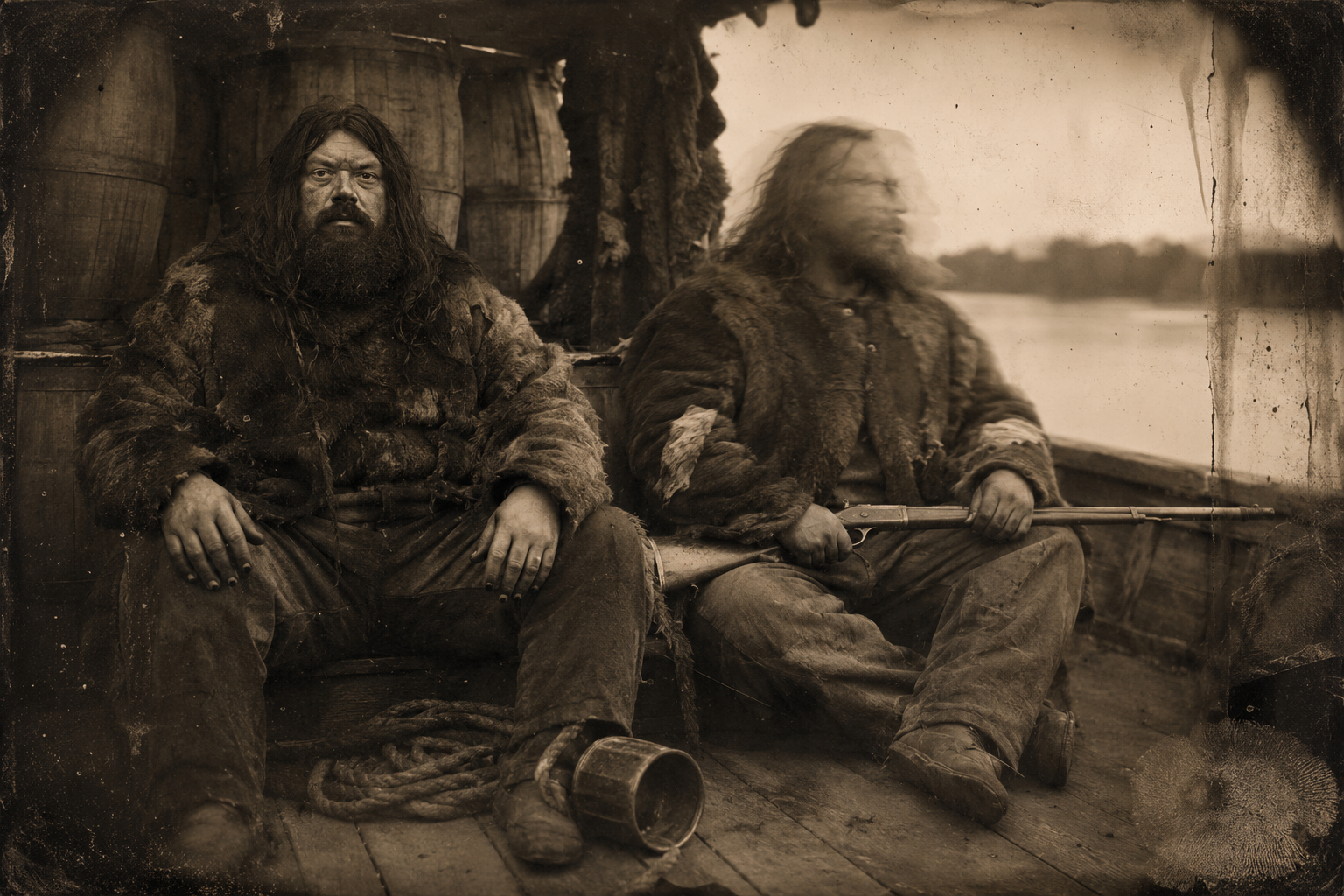 The two buffalo hunters on deck in their skin coats and shaggy hair, looking like the animals they hunted.