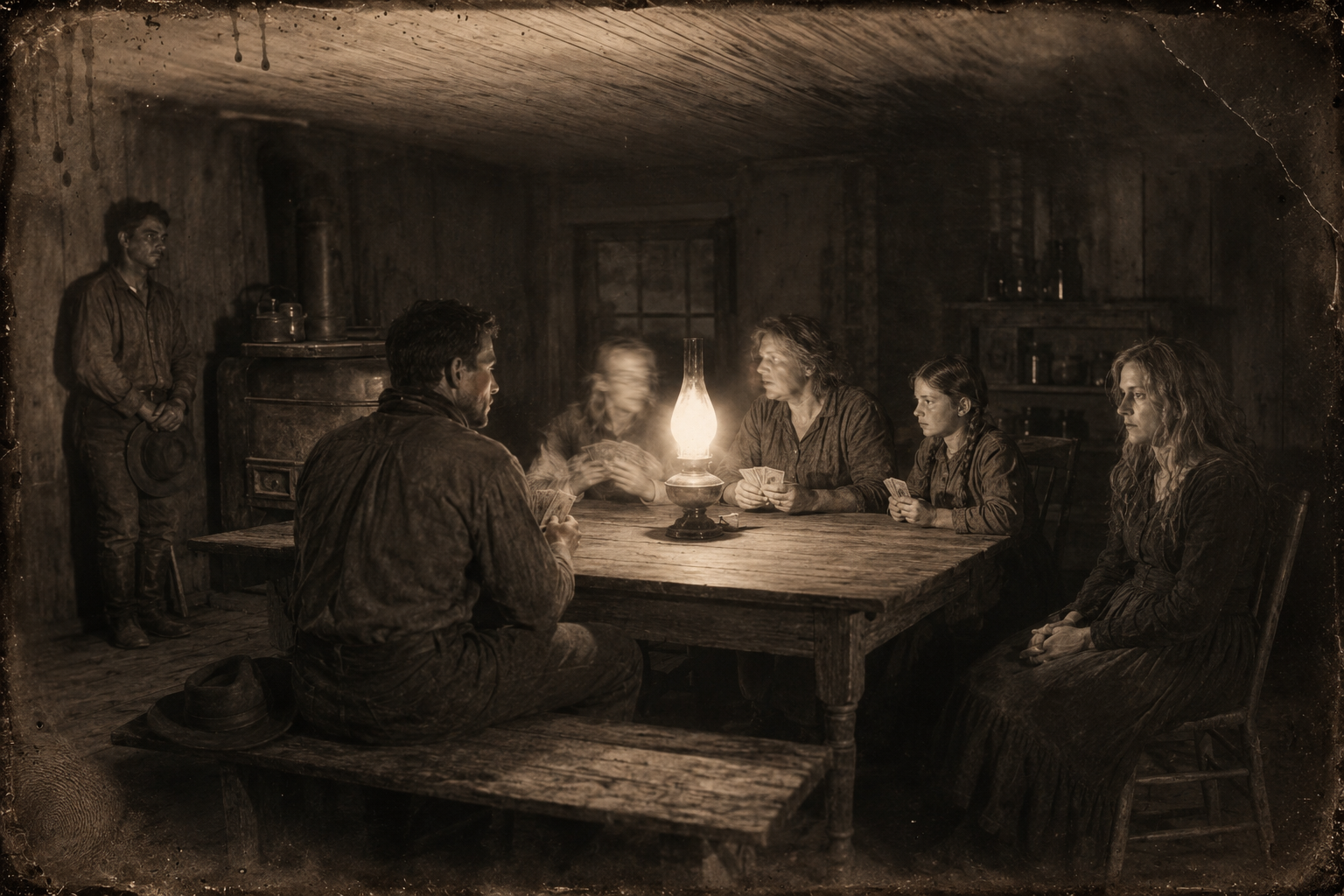 A long winter night at the big kitchen table — Clara, Dish and the girls at cards, Lorena silent in the room, July against the wall, left out.