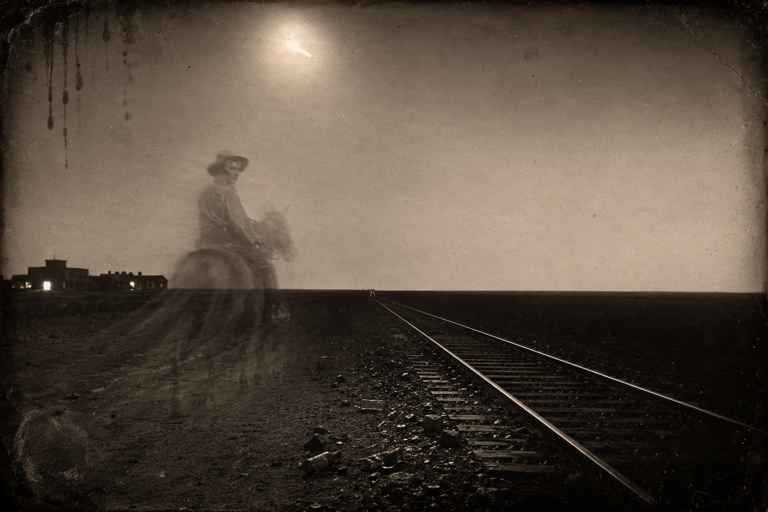 July saddles Pete at the livery, pays the old man with the jug between his legs, and rides out of Dodge into the dark country under a white moon.