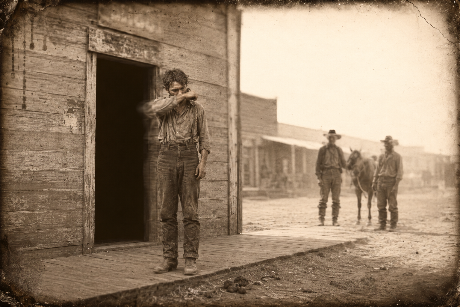 July steps straight back out of the post office door and stands in the dusty street wiping tears off with his shirtsleeve while one or two men watch him.