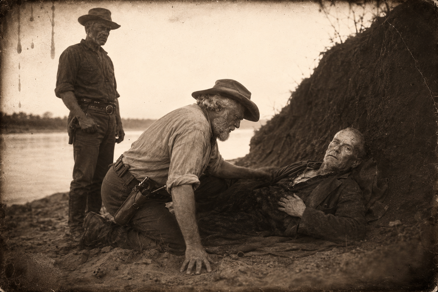 A little after sundown they reach Wilbarger, propped under the shade of the riverbank on Deets's blanket, and Augustus stoops over him and sees at once there is no hope.