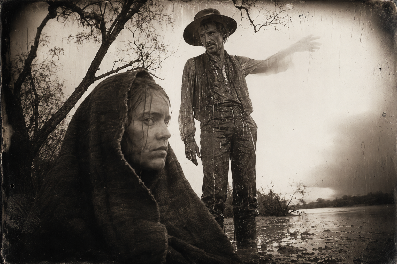 Jake comes back to the tree and tells her the mare won't go far, that they'll find her on this side of the river; Lorena doesn't answer.