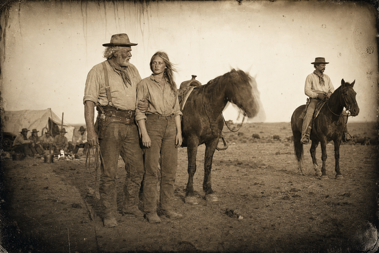 Augustus walks over to help Lorena down from the Pumphrey mare, talking casually about the mare's qualities, while Jake has not so much as looked at her since they rode in.