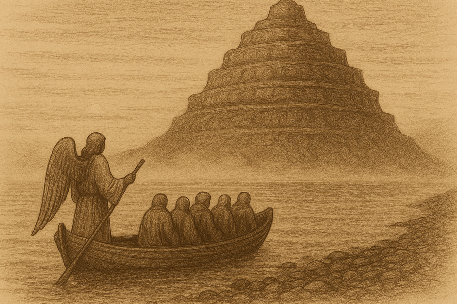 The conical mountain of Purgatory rising out of the southern sea at dawn, a small angel-piloted boat of arriving souls approaching its shore.