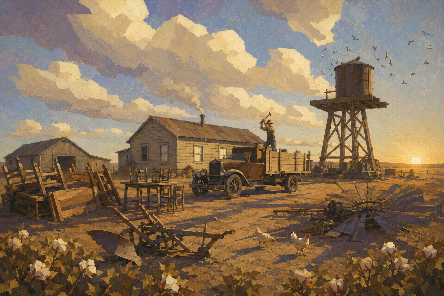 Uncle John's place at sunrise, the yard piled with furniture