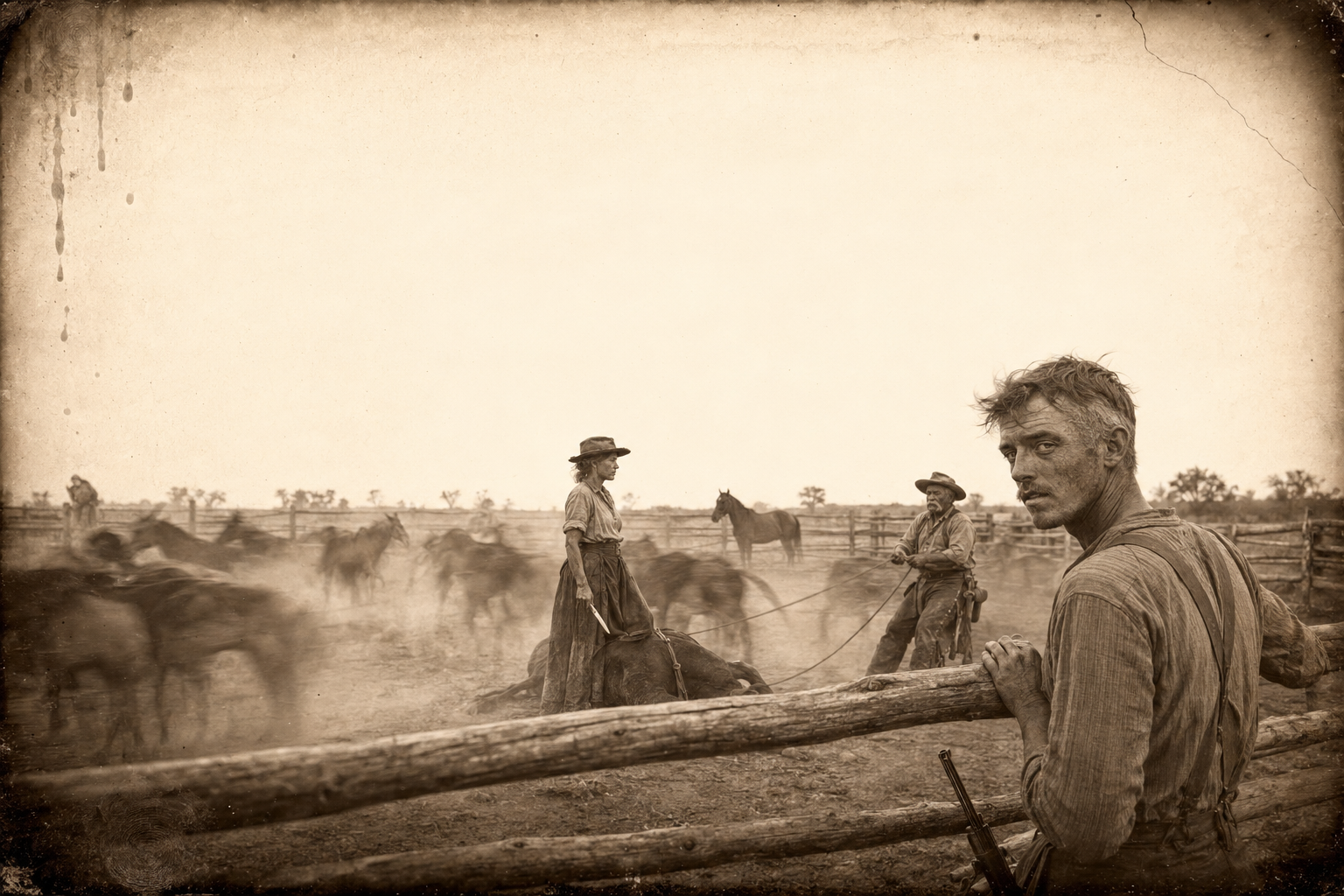 July walks down to the lots with his rifle and stops at the rails, surprised to find that it is Clara doing the cutting while the old man holds the ropes.