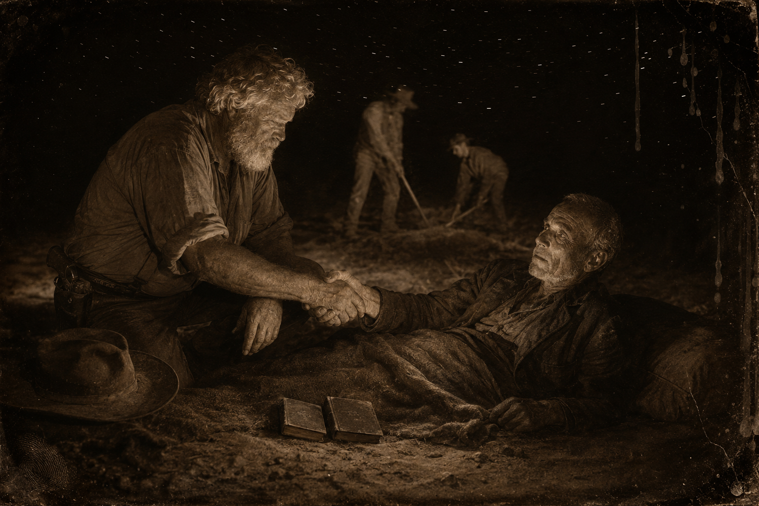 In full dark Wilbarger reaches out to shake hands and leaves Augustus his Milton and his Virgil, while behind them Pea Eye and Newt dig the grave.