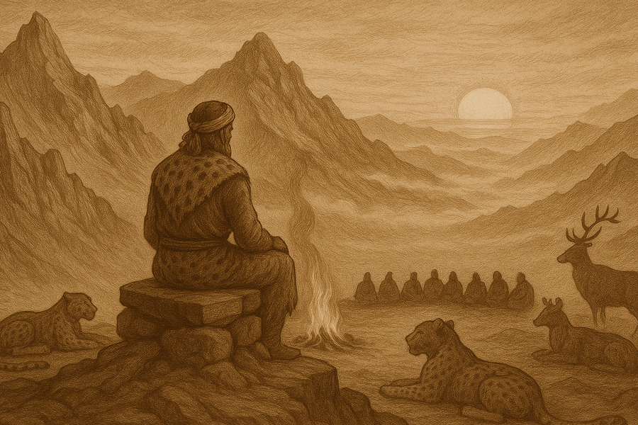 Keyumars, the first king, robed in leopard skins on his mountaintop court at the dawn of the world.