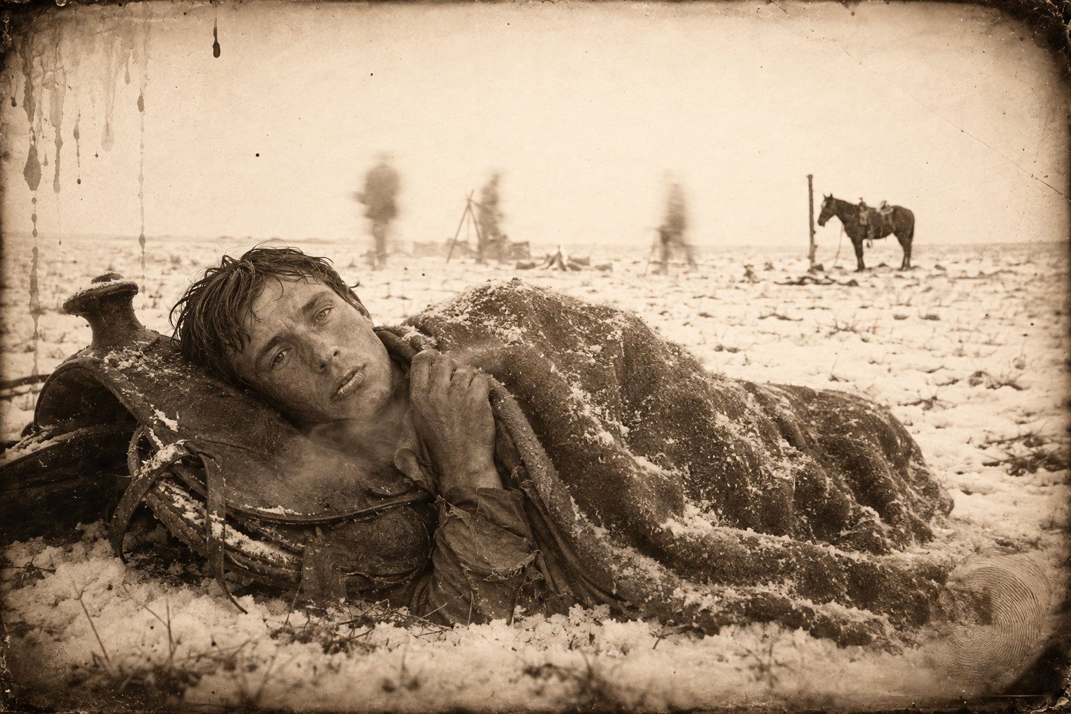 Morning, thin snow over the plains — the Spettle boy is so astonished by it that he refuses to leave his blankets, lying wide-eyed and looking at the whiteness.