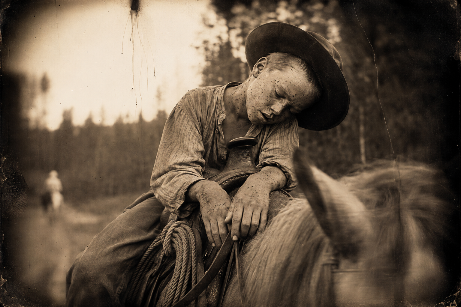 Sixteen hours a day in the saddle — Joe rides in a doze for miles at a stretch, close portrait.