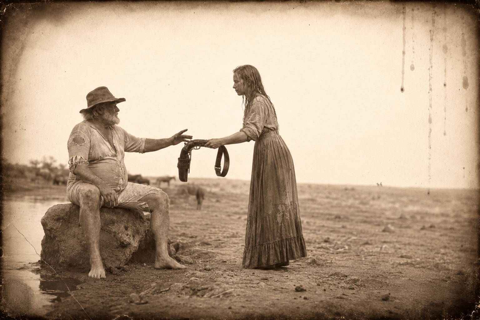 Sitting wet on the big rock, Gus sees a rider a long way west and asks for his gun belt; Lorena needs both hands to lift the old pistol across to him, and can make out only a speck with the sun flashing on silver.
