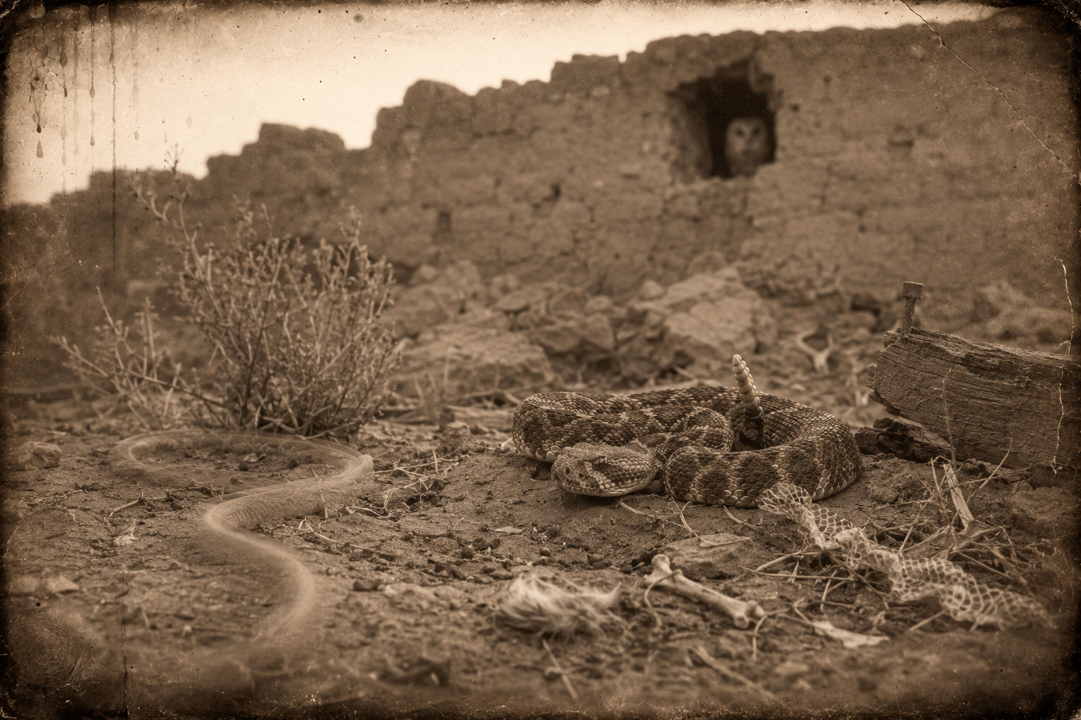 The only signs of life in the fort are rattlesnakes, the mice that brought them, and the owls competing for the mice.