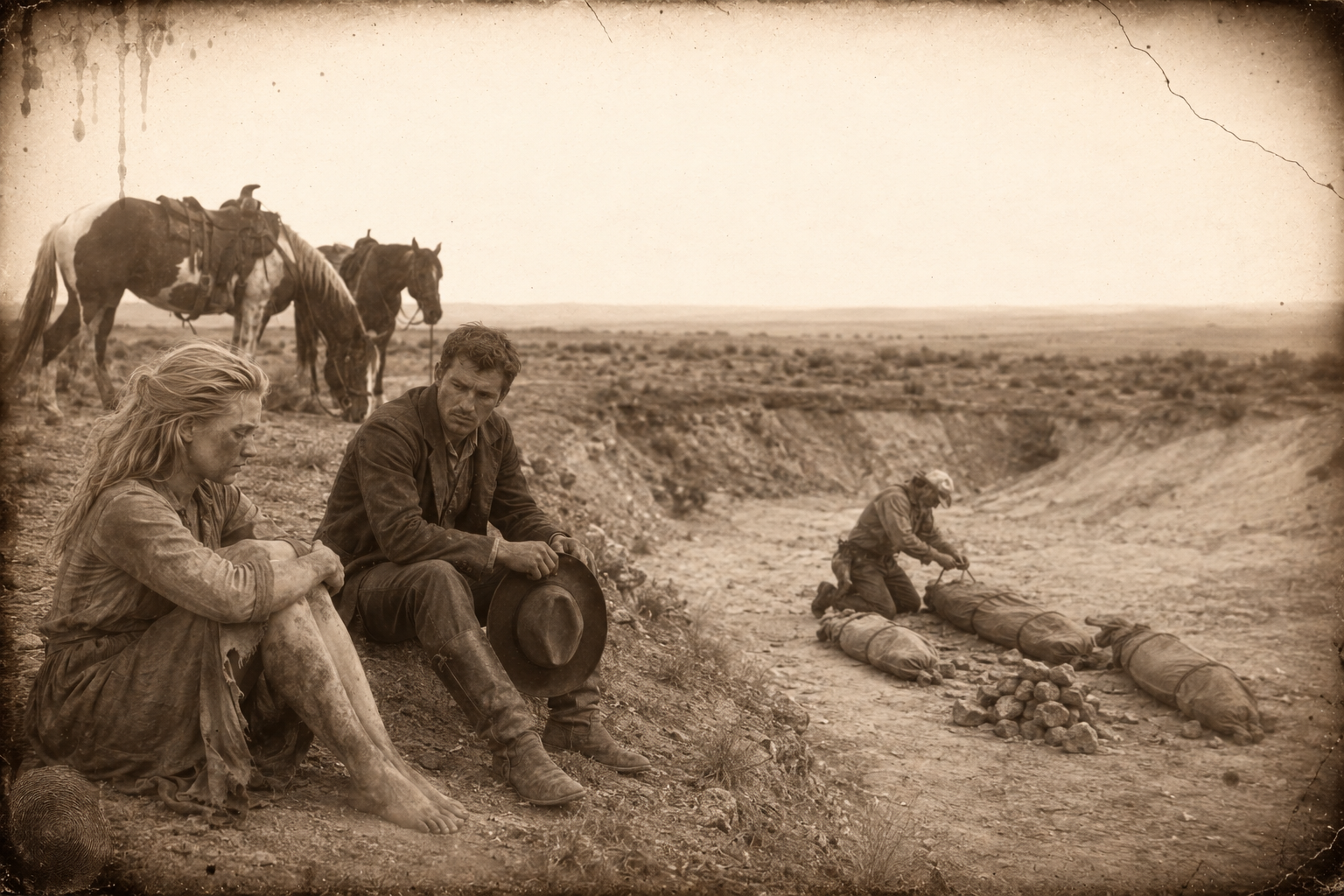 Augustus goes down alone to tie the three bodies into blankets with saddle strings, having told July to stay up on the rim and sit with Lorena where she can watch him.