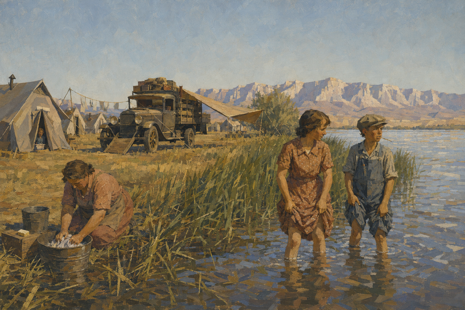 The camp at Needles and the children in the reeds