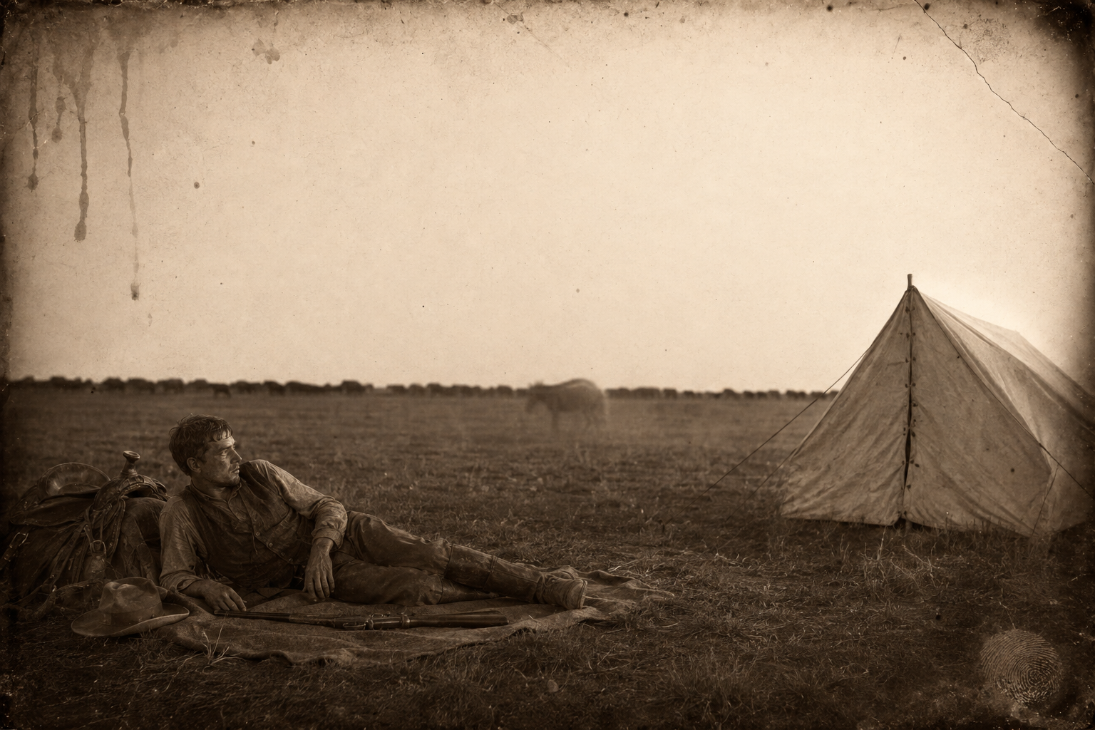 Gus has still not returned; Lorena lies awake in the shut tent while Dish keeps watch a few yards off, his head on his saddle, feeling those few yards may as well be the distance to the Kansas stars.