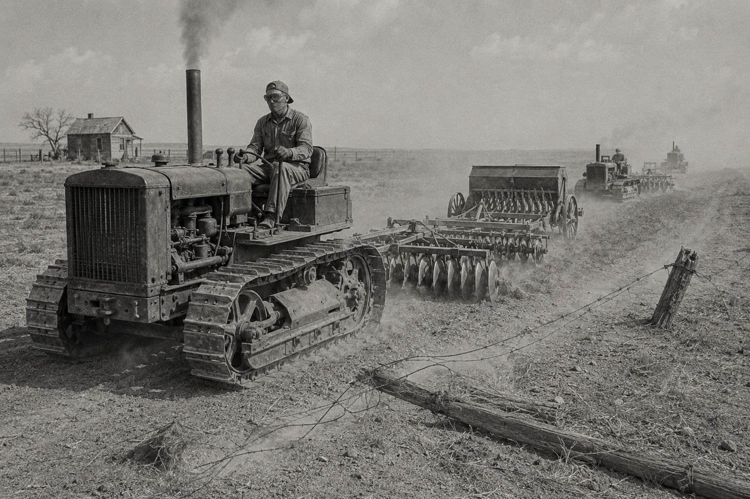 The tractors came over the roads and into the fields