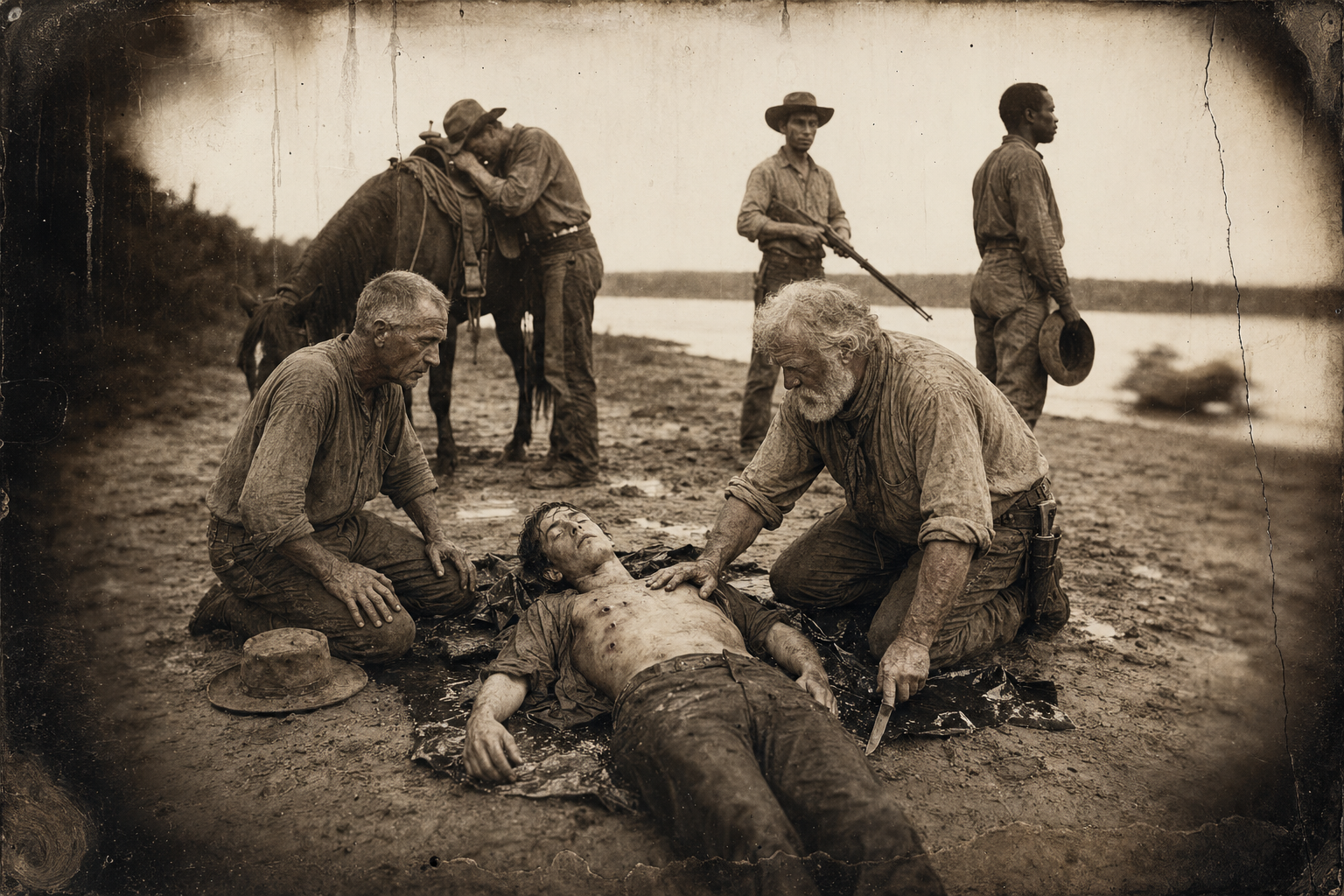 On the bank they lay Sean on Call's slicker and Augustus cuts the boy's shirt off — eight sets of fang marks, one on the neck — while Pea Eye, weak with shock, clings to his saddle horn.