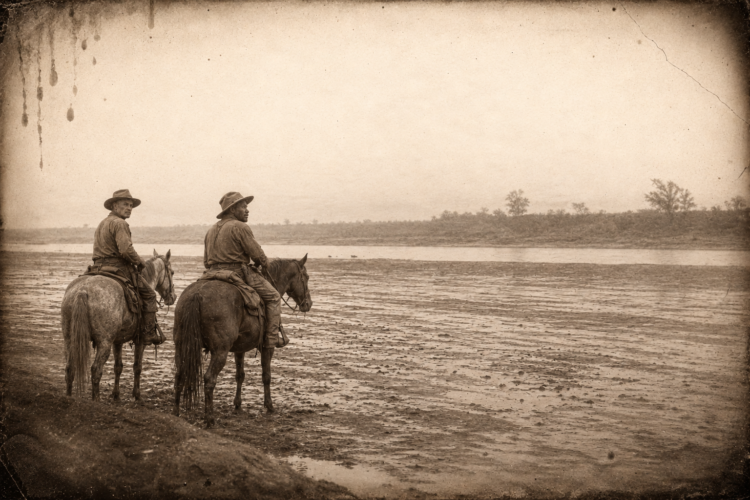 Call and Deets sit their horses on the low bank of the Red, looking across a hundred yards of wet rusty sand at the river that has always been the northern boundary of their activity — "Do you think we ought to wait and let it go down?"