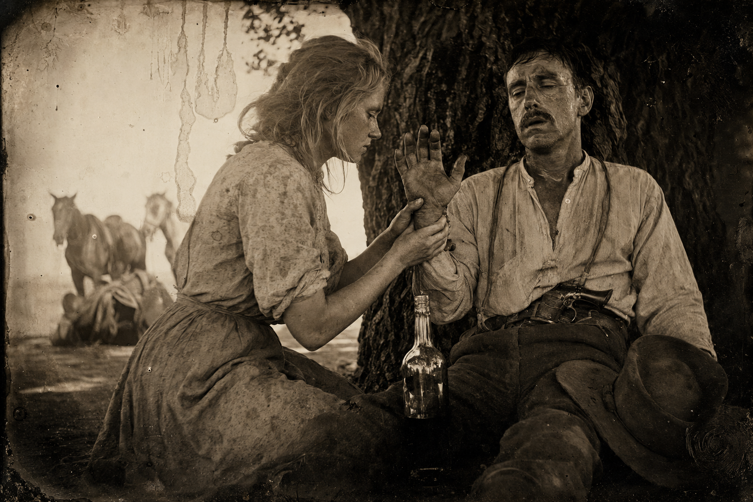 Jake propped against the shade tree with his bottle while Lorena, having tied the horses and made the camp, stops to look at his purple thumb.