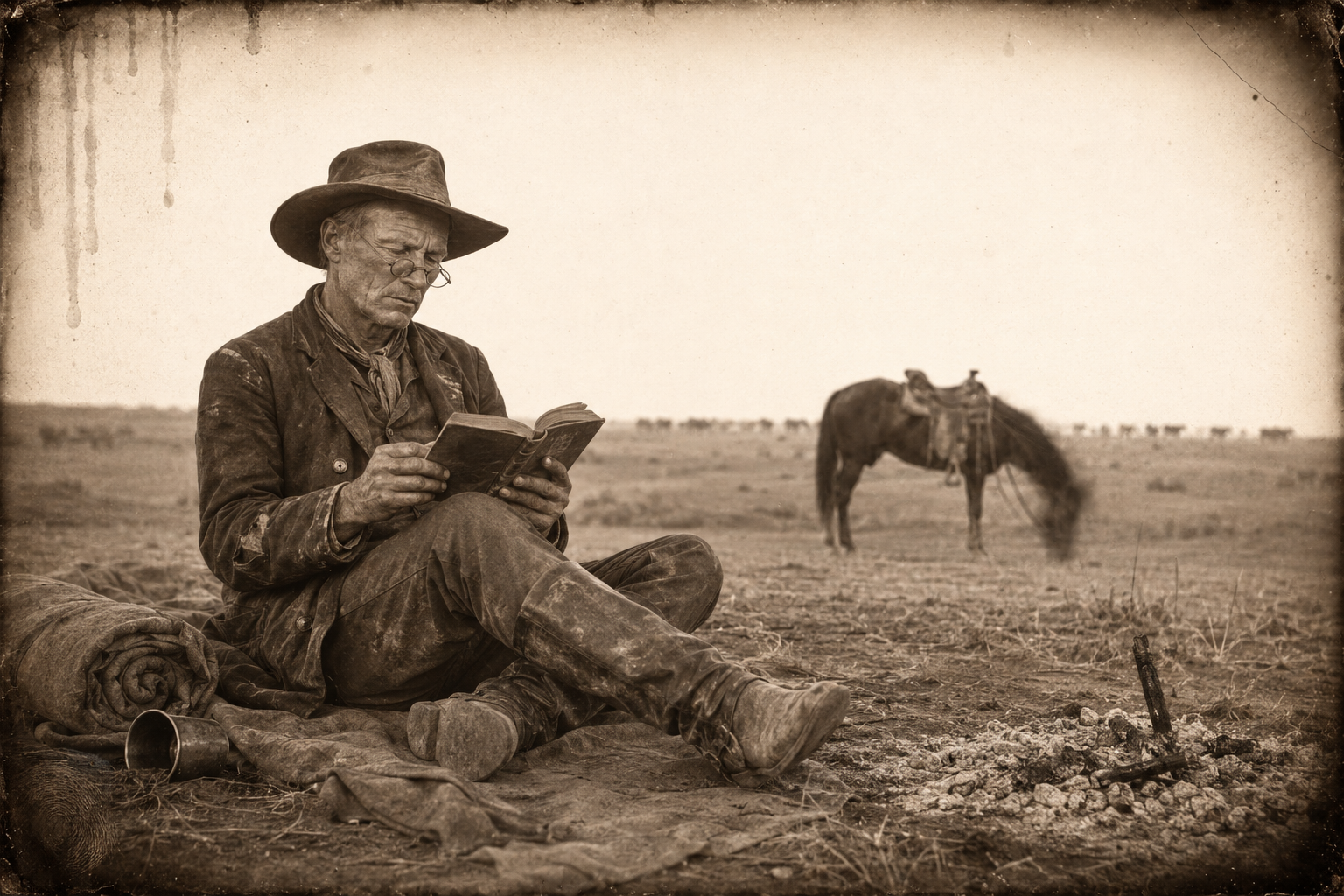Wilbarger on a tarp by the ashes of the campfire, reading Milton in iron-rimmed spectacles — the one moment of peace he gets after breakfast.
