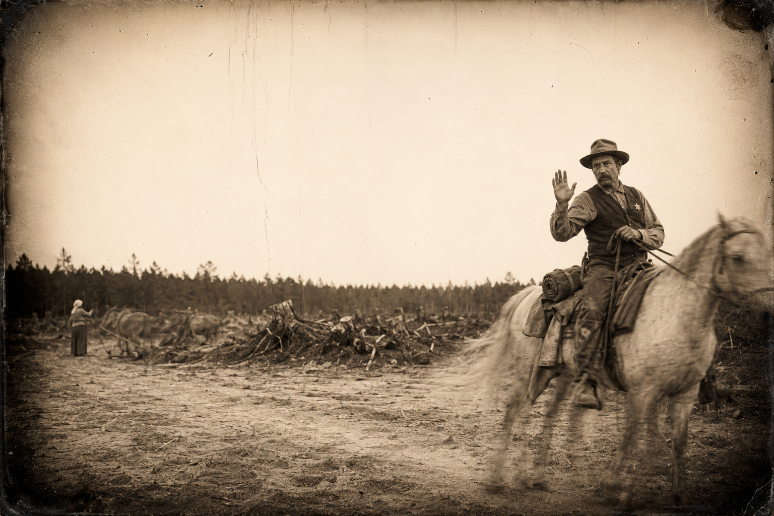 He rides on west with a corner of his tarp hanging down over the horse's flank, waving to a woman already back at her stumps who does not see him, and near tears without knowing the cause.