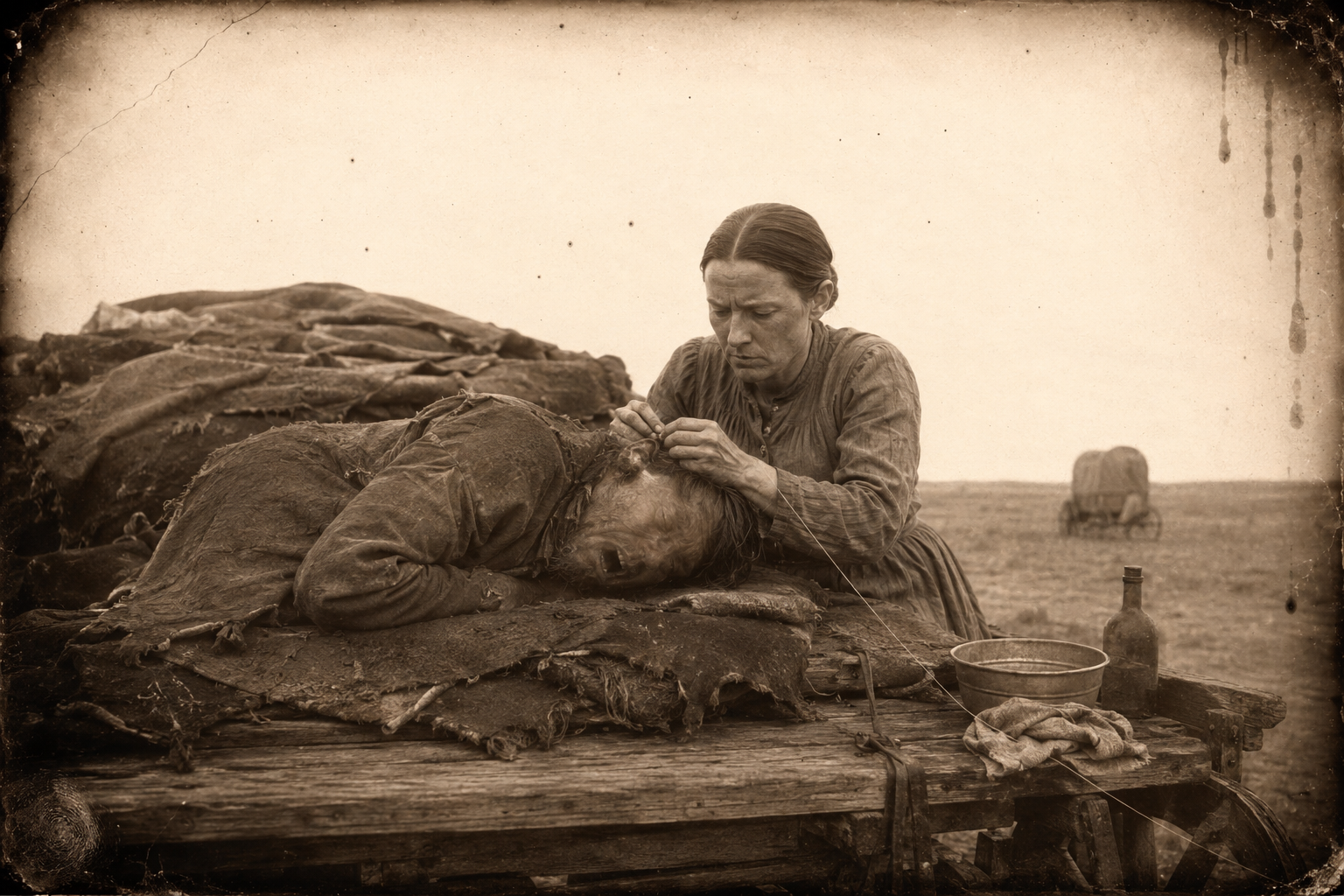 Elmira sews Luke's nearly severed ear back on with a needle, making a bad job of it because he yelps and jerks at every stitch.