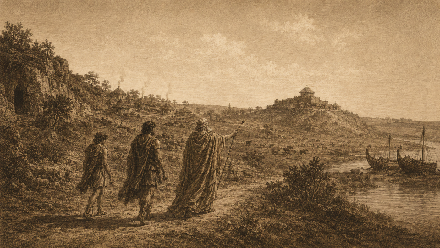 Pen-and-ink: Aeneas at the Site of Rome; the Shield Forged by Vulcan