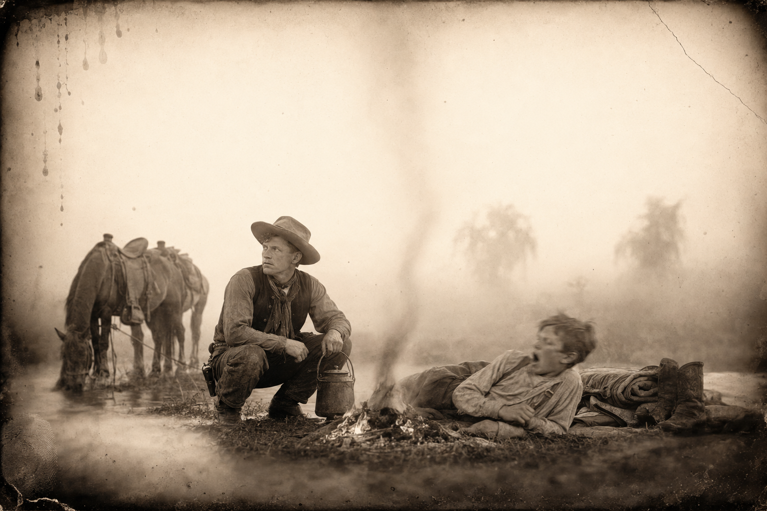 First light on the misty flats — July making coffee at the little creek while Joe, still in his blankets, hears cattle bawling somewhere out in the fog.