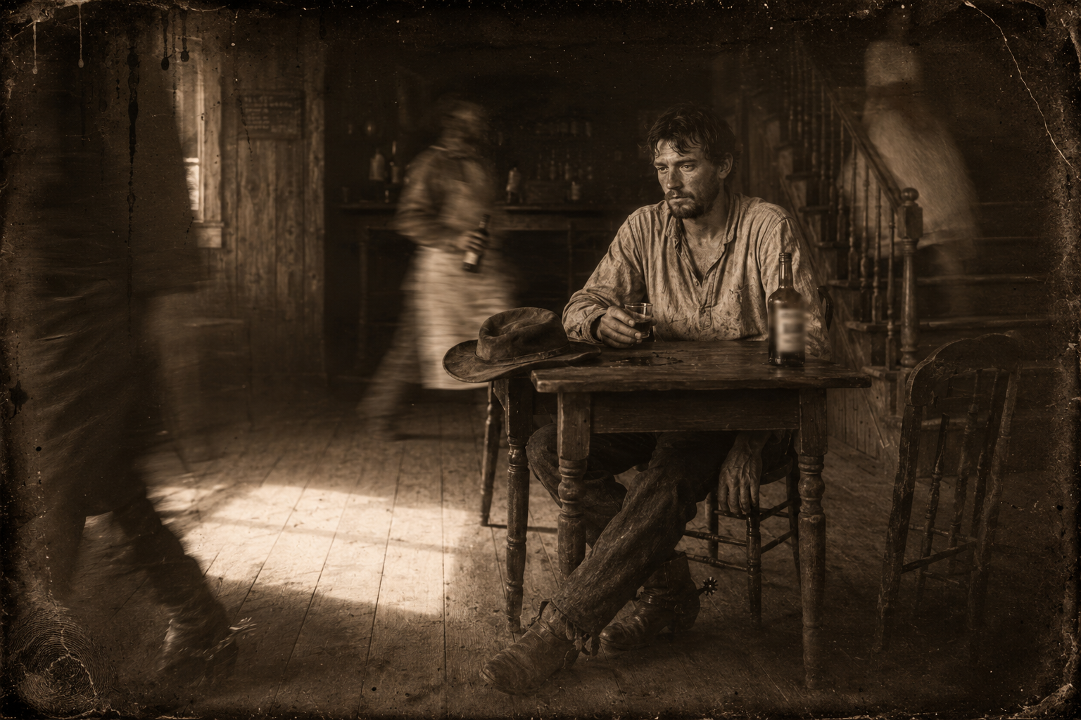 July waits for Jennie at a saloon table and drinks whiskey for the first time in his life, taking on weight in a hurry while the bartender keeps the glass filled.