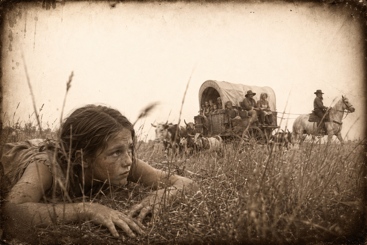 Janey sees the Missouri family's wagon long before Roscoe does and darts off the trail to lie hidden in the weeds until the strangers pass, afraid Bill might be with them.