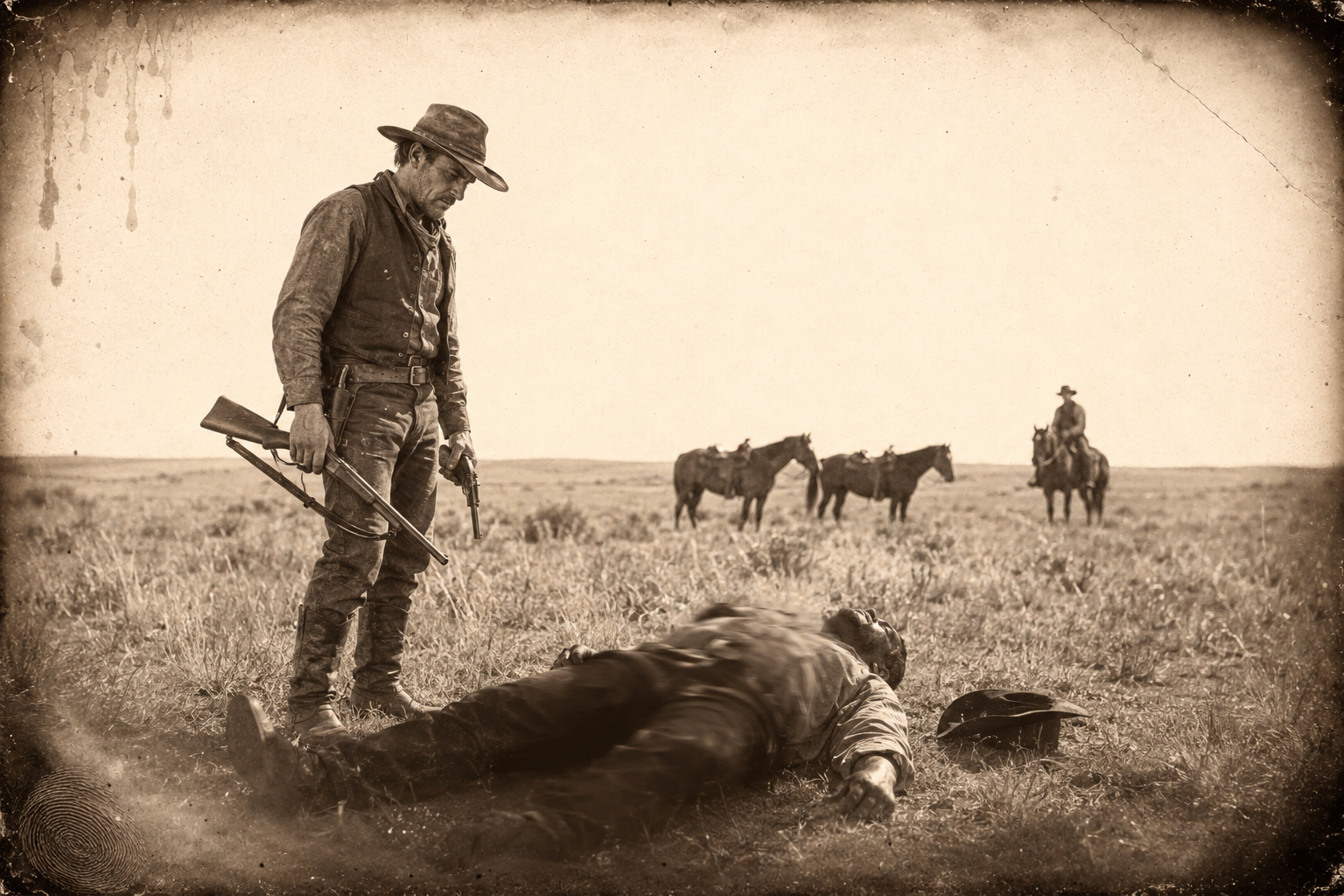 Frog Lip lies gut-shot in the rising sun while Dan Suggs takes his rifle and his pistol off him and tells him it was his unlucky day, and nobody will shoot him.