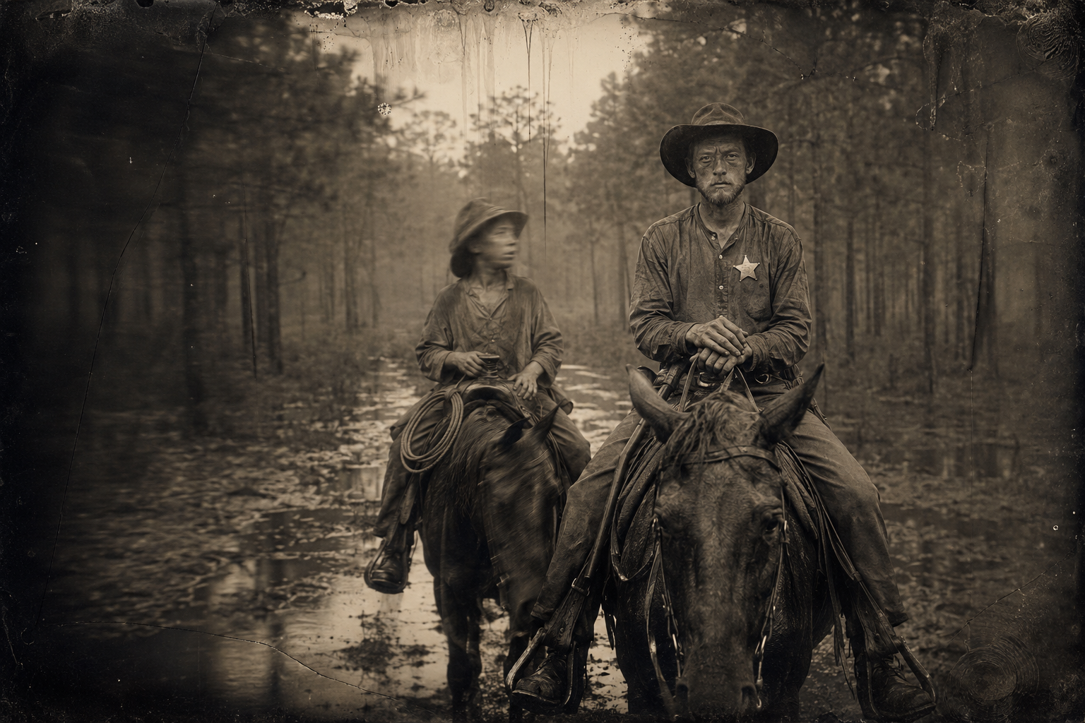 In the dripping pine woods, Joe turns in the saddle mid-question and July rides on without answering.