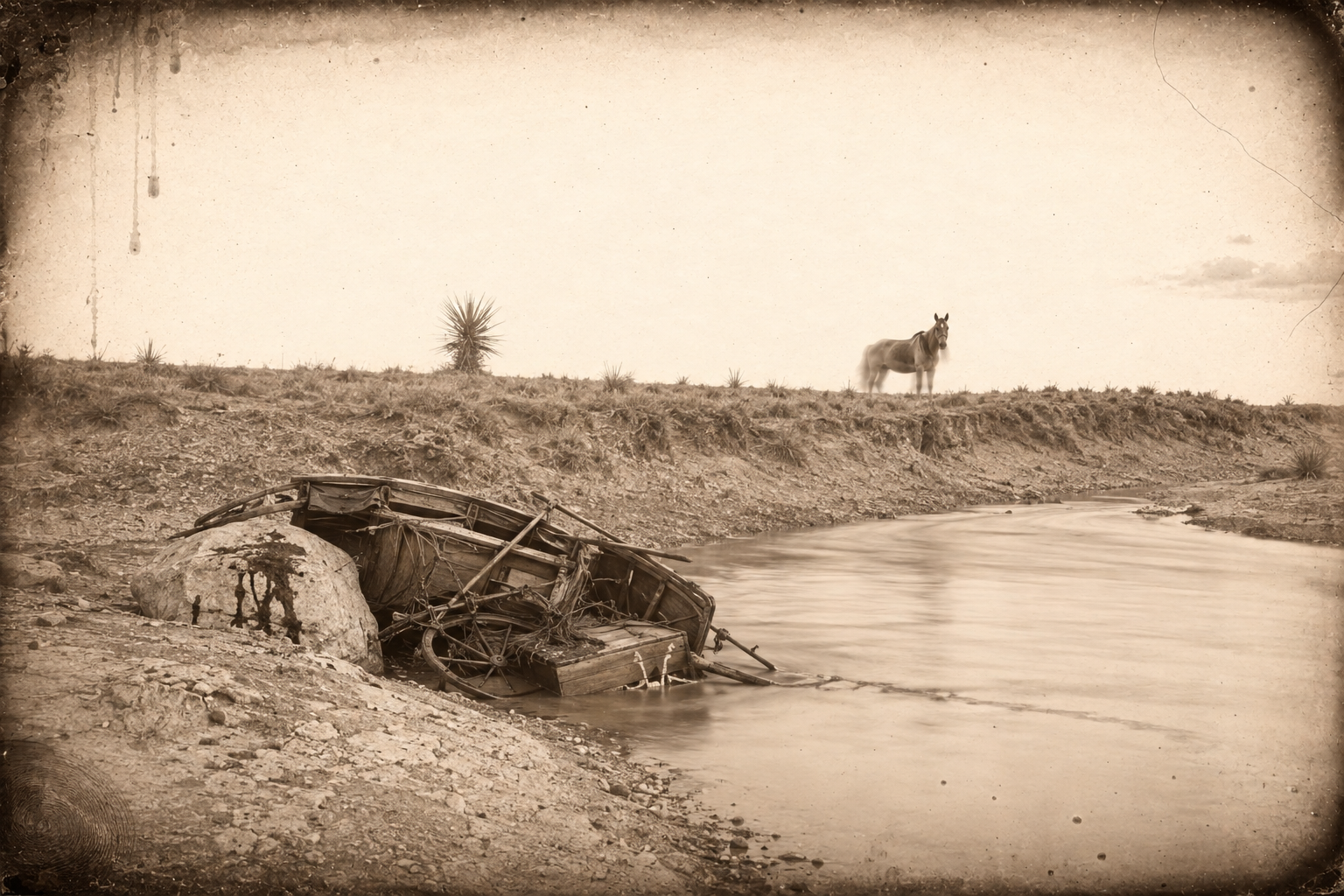 A day above Horsehead Crossing, shot from behind a yucca, Call runs the buggy off the bank onto a rock and it splinters over the coffin in the Pecos.