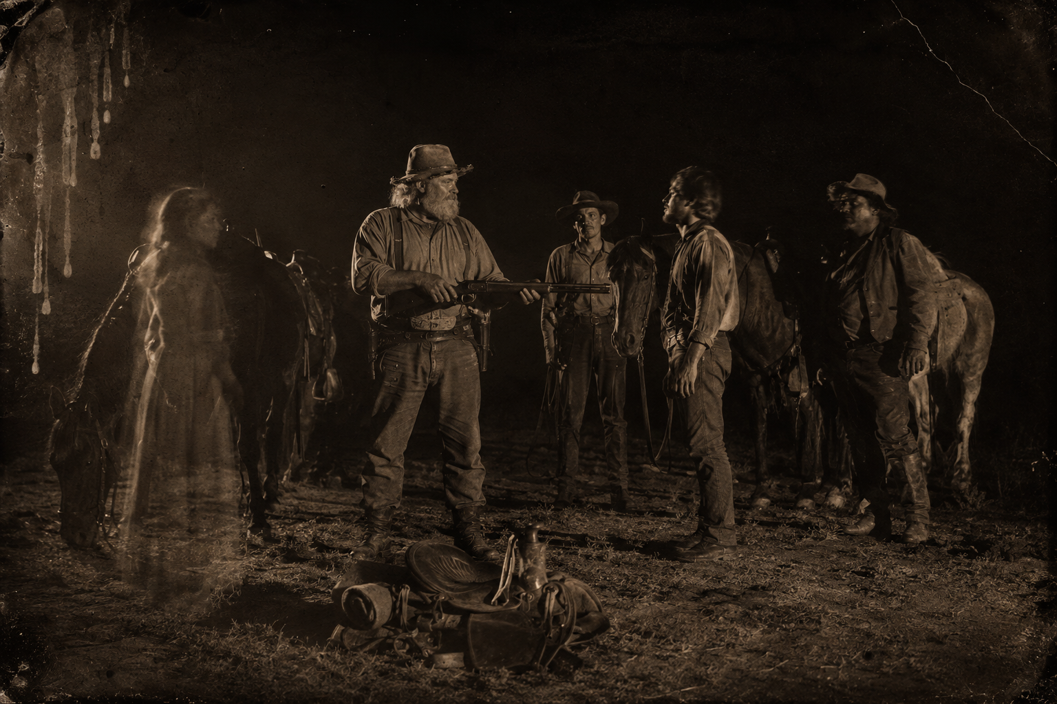 He walks in on July Johnson's party in the dark, dumps the saddle, and gives Joe the dead Kiowa's Winchester — telling him to make sure he shoots one of them and not one of us.