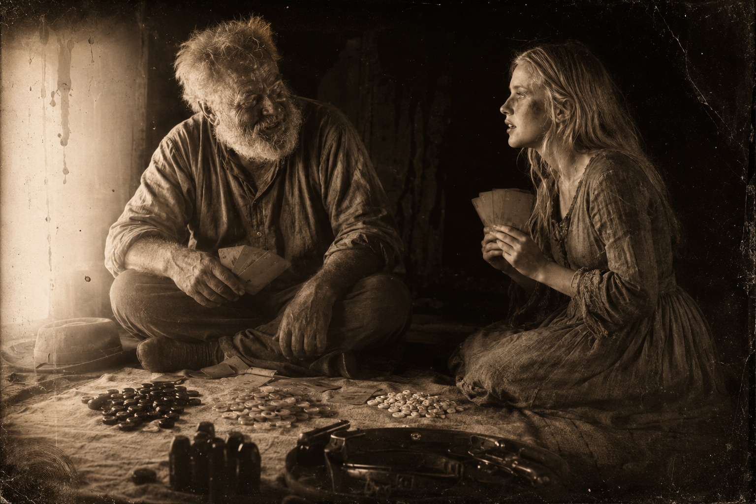 Playing cards for buttons on a blanket by the fire, Lorena speaks for the first time since her captivity — "Don't you cheat, Gus" — and Augustus is so pleased that tears come into his eyes.