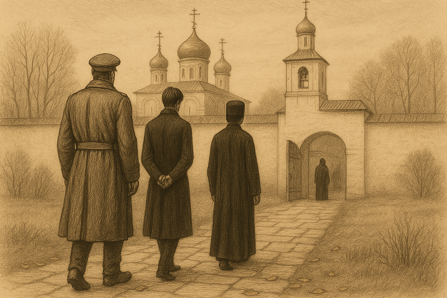 The three brothers gathering at the monastery gate under the onion domes.