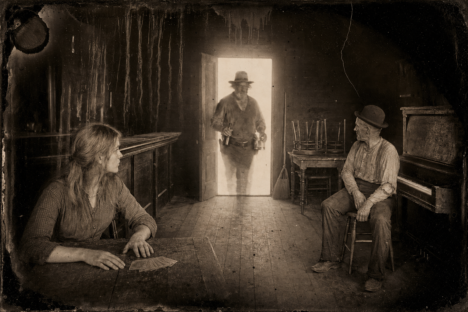On a blistering day with the saloon empty but for Lippy and Xavier gone fishing, Augustus walks in soaked through with sweat, gets a bottle from behind the bar and brings two glasses.