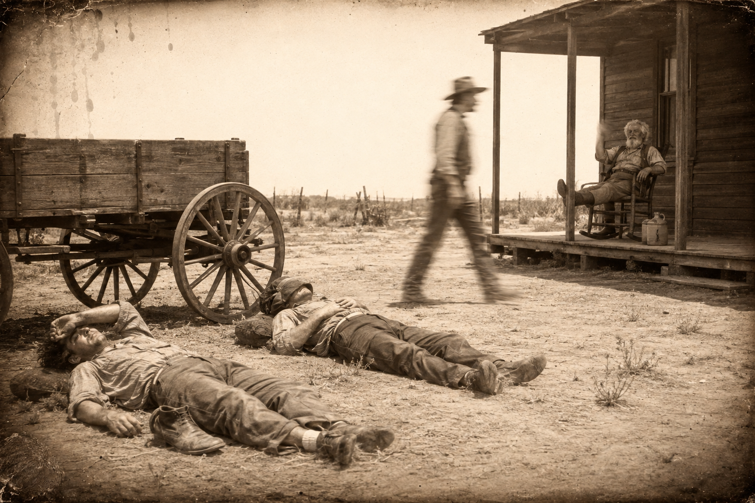 Jake comes ambling up from Lorena's bed in the afternoon and walks past the two Irishmen asleep under the wagon without a glance.